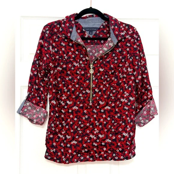 Tommy Hilfiger Red Floral Quarter Zip Top Roll Tab Sleeve Women’s size Medium - Picture 2 of 4